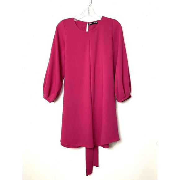 Zara Mini Dress Women Size S Fuchsia Long Balloon Sleeves Tunic Tie Waist - Picture 1 of 15